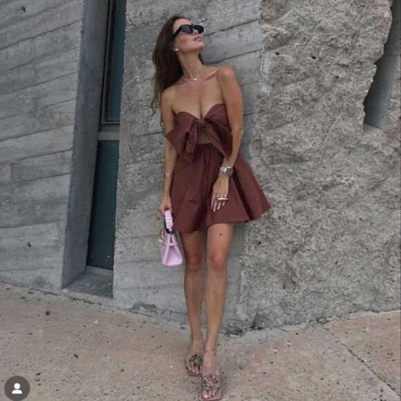 Zara CUT OUT BOW TAFFETA DRESS brown - Picture 3 of 10